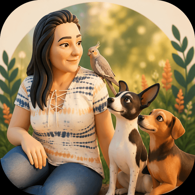 Avatar da Meire com seu pássaro e seus dois cachorros